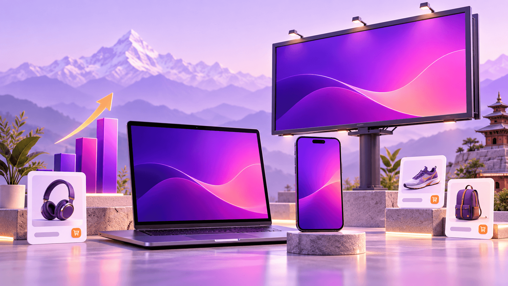 Digital advertising shown across billboard, laptop, phone and marketplace products